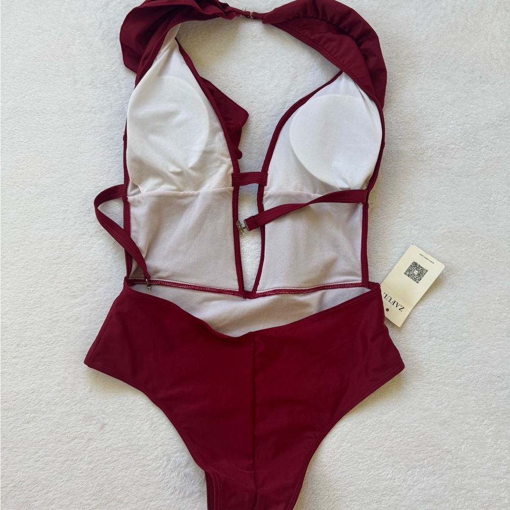 NWT Zara Maroon Ruffle One Piece Swimsuit - Picture 5 of 6